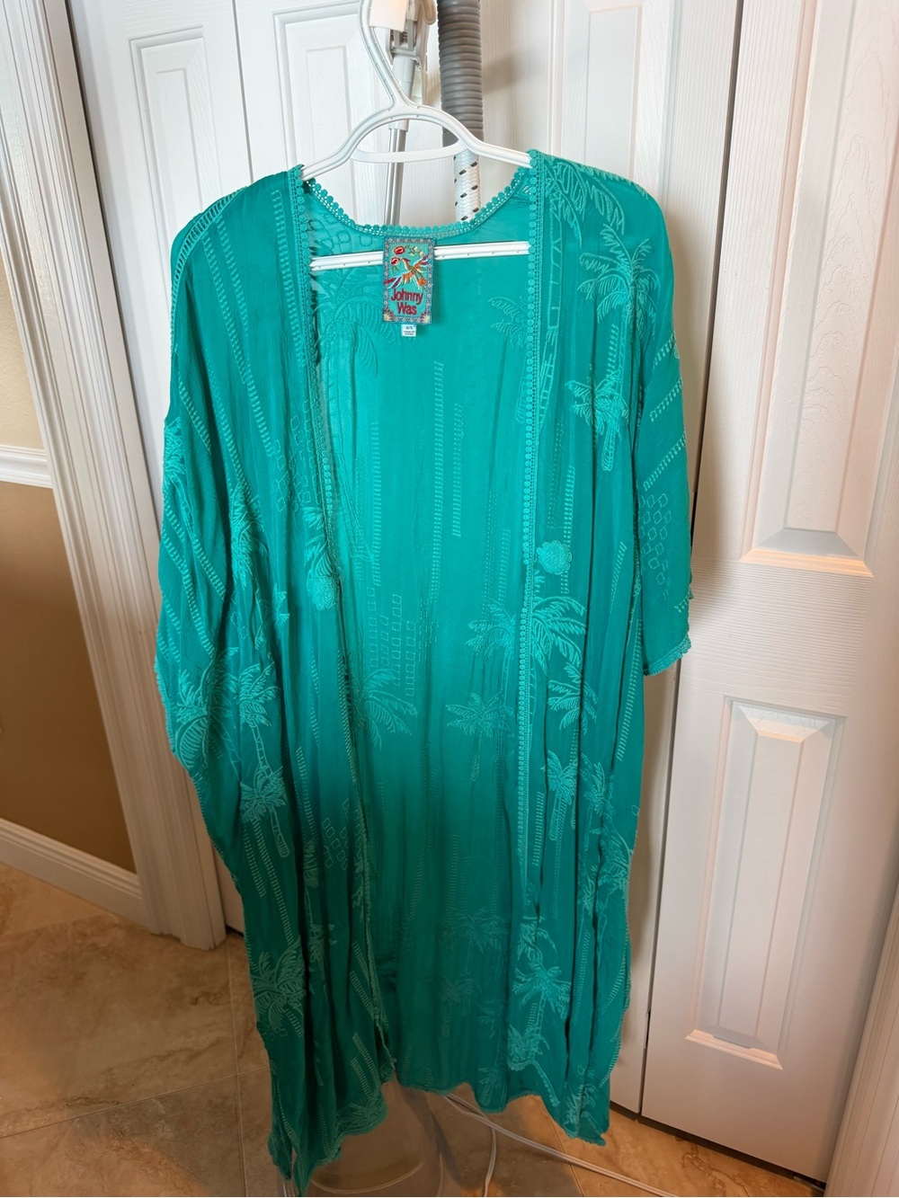 Johnny Was Teal Palm-Print Long Sleeve Kimono